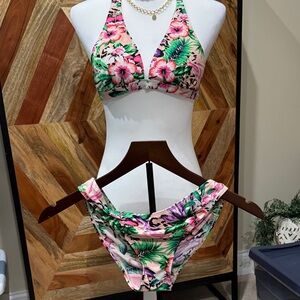 Tropical Pink Floral Halter Bikini Set